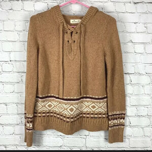 Hollister Sweater Hoodie Lace Up size  XS Pullover Nordic Fair Isle Tan Boxy